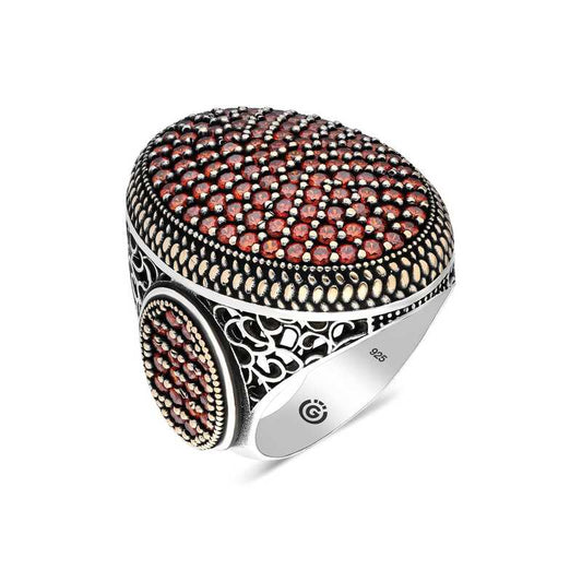Red Zircon Stone Oval Men's Silver Ring