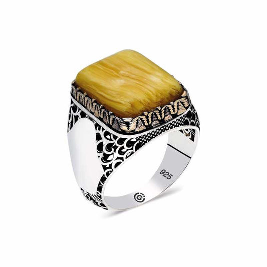 Dark Yellow Pressed Amber Stone Square Men's Silver Ring