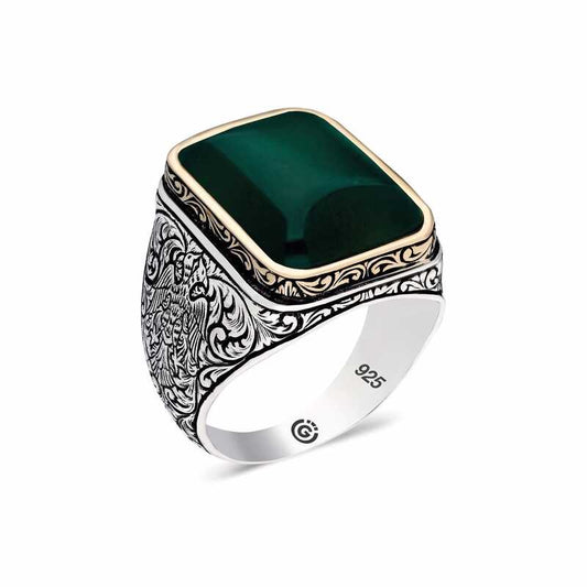 Dark Green Agate Stone Square Men's Silver Ring