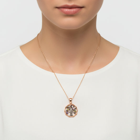 Collier pour femme en argent plaqué or rose avec petit arbre de vie