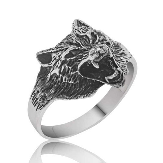 Bague en argent pour homme avec tête de loup