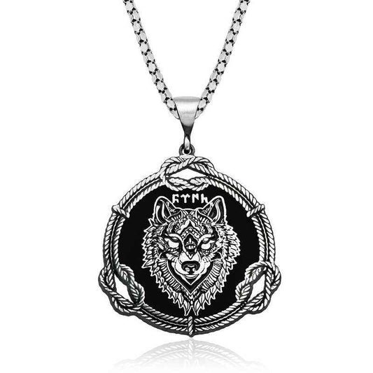 Wolf Motif Göktürk Script Turkish Silver Pendant