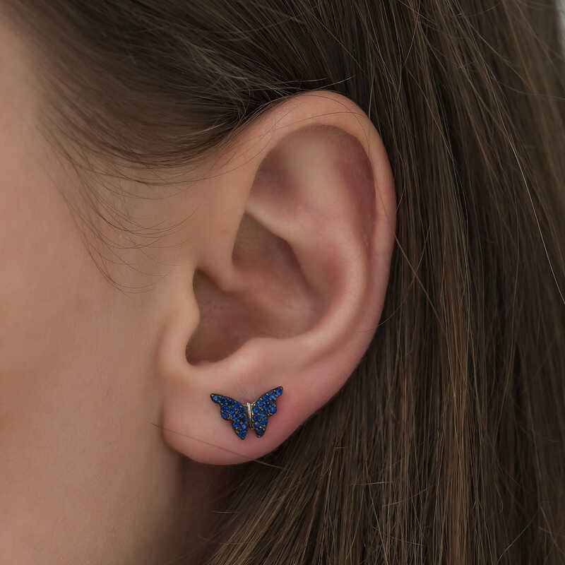 Navy Blue Butterfly Silver Earrings