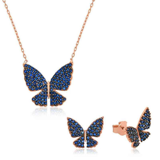 Navy Blue Butterfly Silver Set