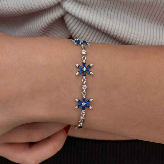 Navy Blue Lotus Flower Women's Silver Bracelet