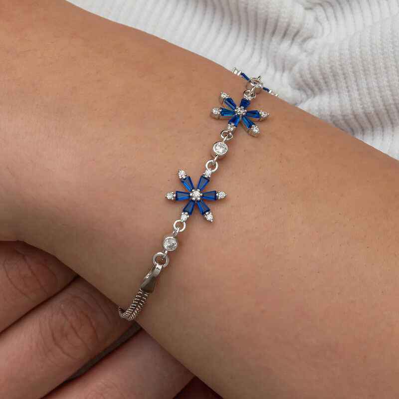 Navy Blue Lotus Flower Women's Silver Bracelet