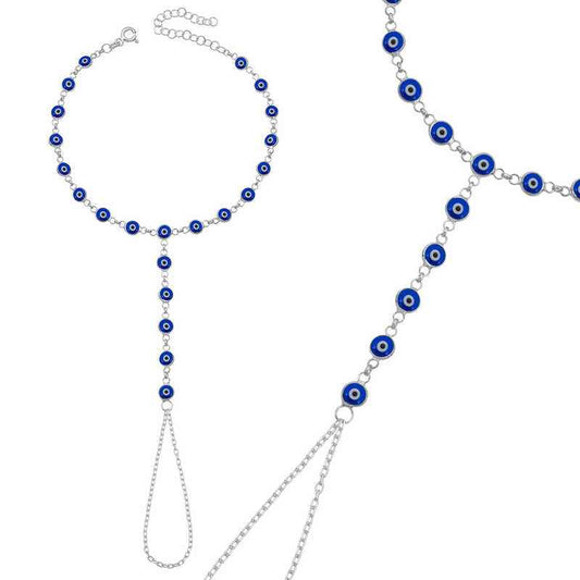 Navy Evil Eye Beaded Shahmaran Silver Bracelet