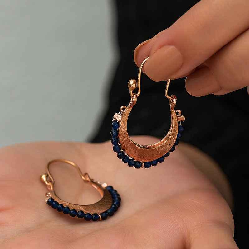 Lacivert Taşlı Bohem Women's Silver Earrings