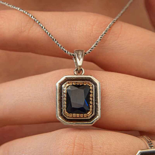 Lacivert Stone Rectangular Women's Silver Necklace