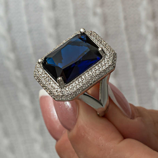 Navy Blue Zircon Stone Women's Silver Ring
