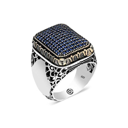 Blue Zircon Stone Square Men's Silver Ring