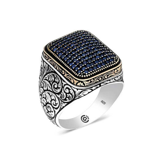 Navy Blue Zircon Stone Square Men's Silver Ring