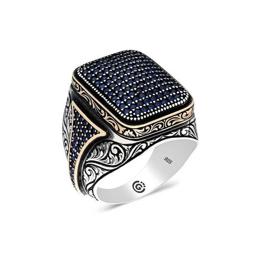 Navy Blue Zircon Stone Square Men's Silver Ring