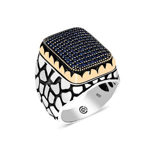 Blue Zircon Stone Square Men's Silver Ring
