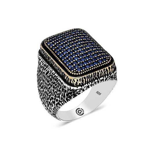 Blue Zircon Stone Square Men's Silver Ring