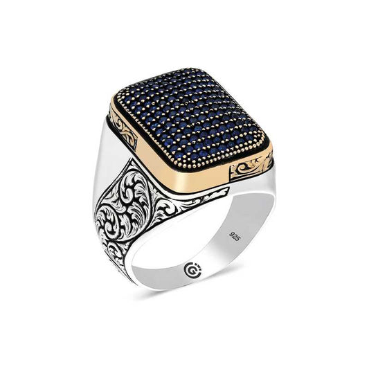 Blue Zircon Stone Square Men's Silver Ring