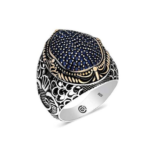 Navy Blue Zircon Stone Oval Men's Silver Ring