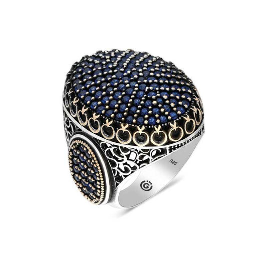 Navy Blue Zircon Stone Oval Men's Silver Ring
