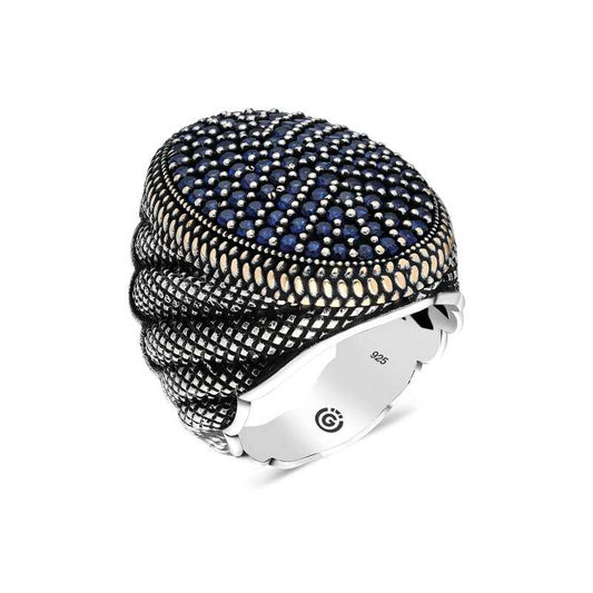 Navy Blue Zircon Stone Oval Men's Silver Ring