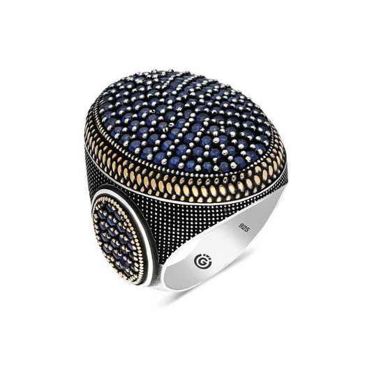Navy Blue Zircon Stone Oval Men's Silver Ring
