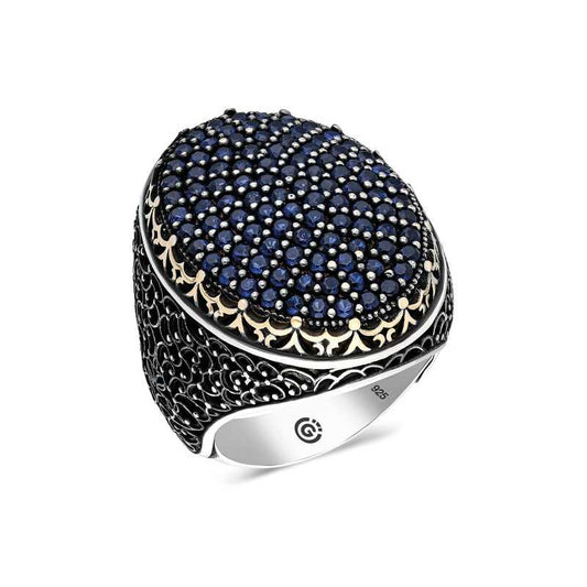 Blue Zircon Stone Oval Men's Silver Ring