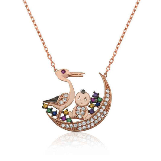 Stork and Baby Women's Silver Necklace