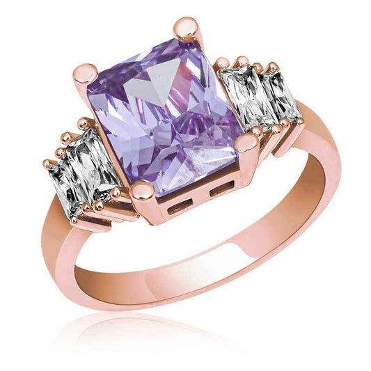 Lilac Baguette Stone Rose Plated Women's Silver Ring