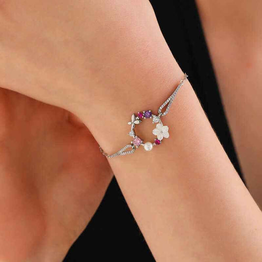 Magnolia Flower Butterfly Women's Silver Bracelet