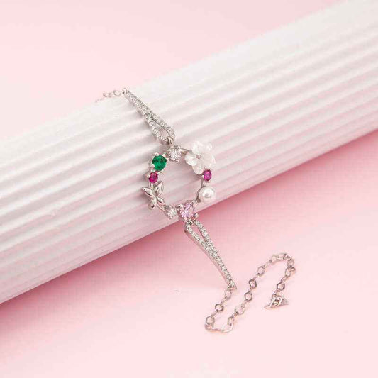 Magnolia Flower Butterfly Women's Silver Bracelet