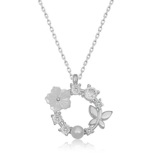 Magnolia Flower Butterfly Women's Silver Necklace