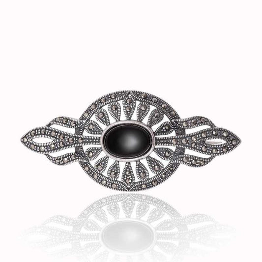 Marcasite and Onyx Stone Silver Brooch