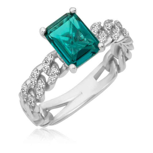 Dark Green Baguette Stone Women's Silver Ring
