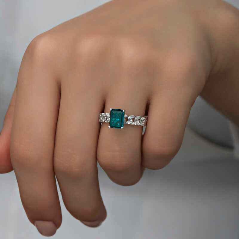 Dark Green Baguette Stone Women's Silver Ring