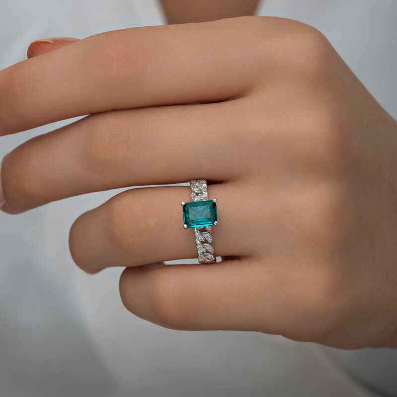 Dark Green Baguette Stone Women's Silver Ring