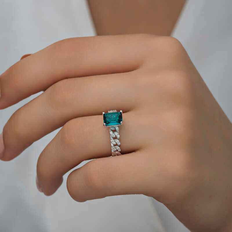 Dark Green Baguette Stone Women's Silver Ring