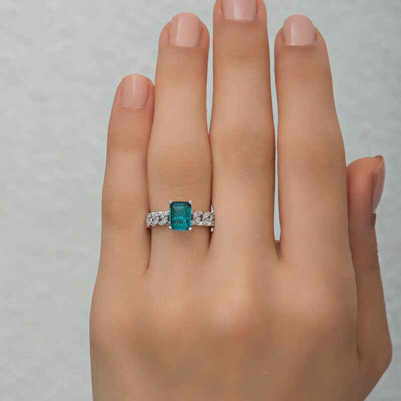 Dark Green Baguette Stone Women's Silver Ring