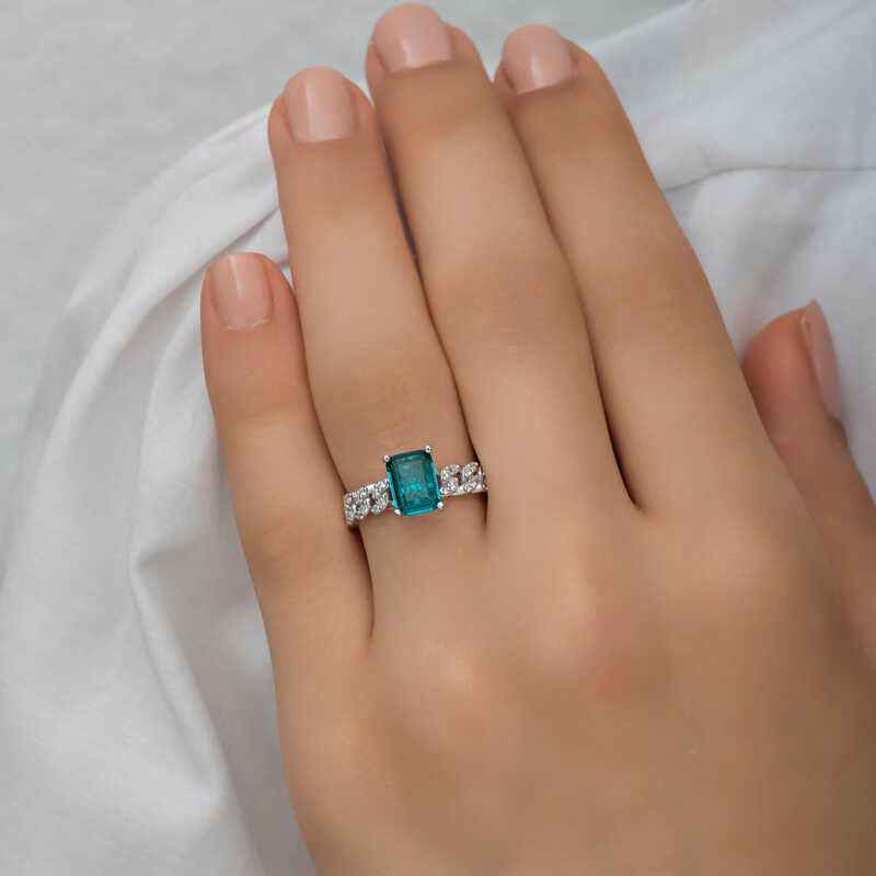 Dark Green Baguette Stone Women's Silver Ring