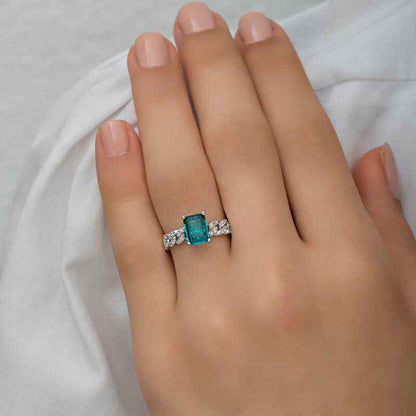 Dark Green Baguette Stone Women's Silver Ring