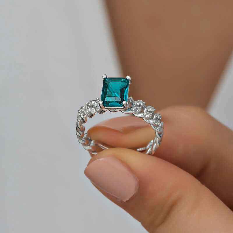 Dark Green Baguette Stone Women's Silver Ring