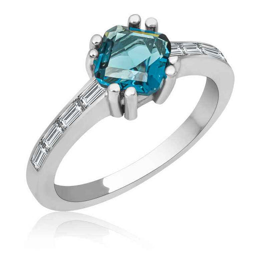 Blue Baguette Single Stone Women's Silver Ring