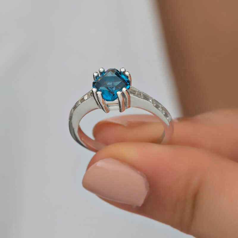 Blue Baguette Single Stone Women's Silver Ring