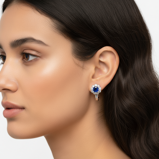 Boucle d'oreille ronde en argent pour femme, motif fleur bleue, forme J