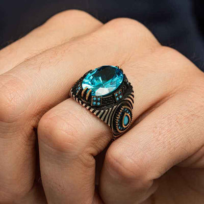 Blue Faceted Stone Men's Silver Ring
