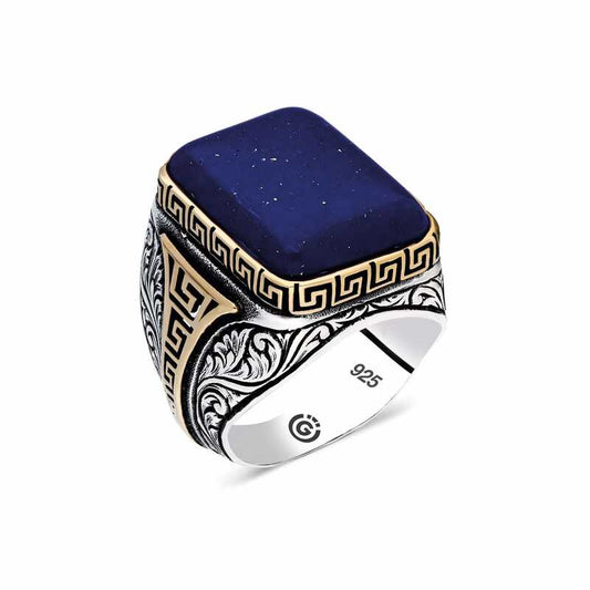 Dark Blue Lapis Stone Square Men's Silver Ring
