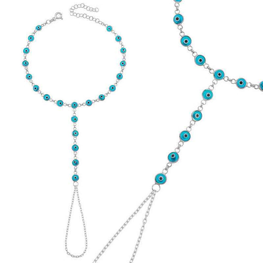 Blue Evil Eye Beaded Shahmaran Silver Bracelet