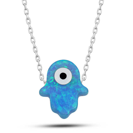 Blue Evil Eye Opal Hand of Fatima Women's Silver Necklace