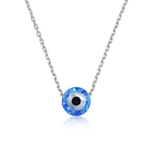Collier en argent avec pierre d'opale bleue et mauvais œil