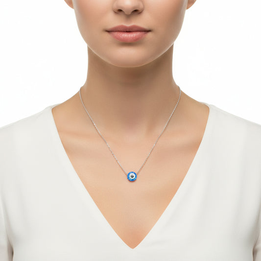 Blue Opal Stone Evil Eye Silver Necklace