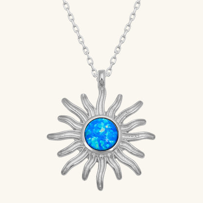 Blue Opal Stone Sun Women's Silver Necklace