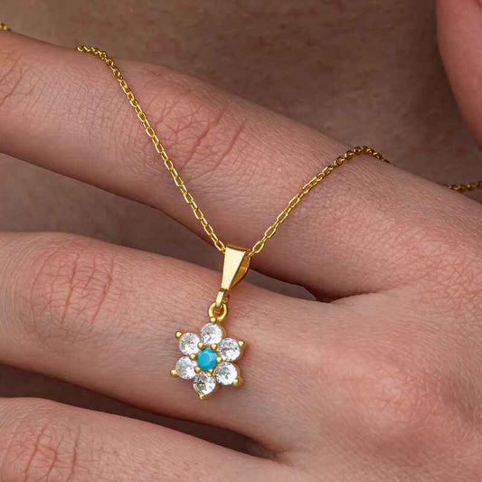 Blue Stone Gold Plated Flower Women's Silver Necklace